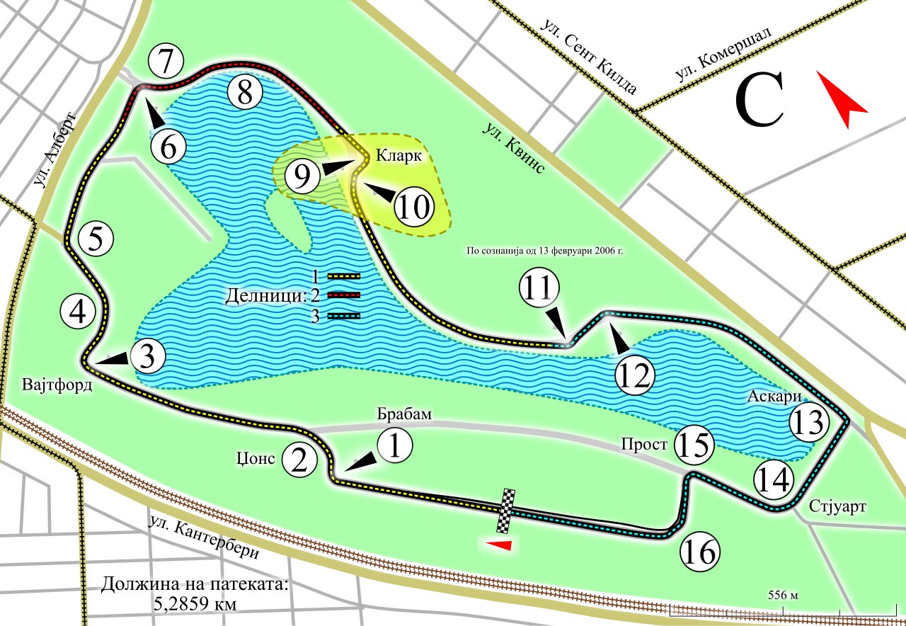 Kolorowa mapa toru Albert Park z nazwami zakrętów i podziałem na sektory