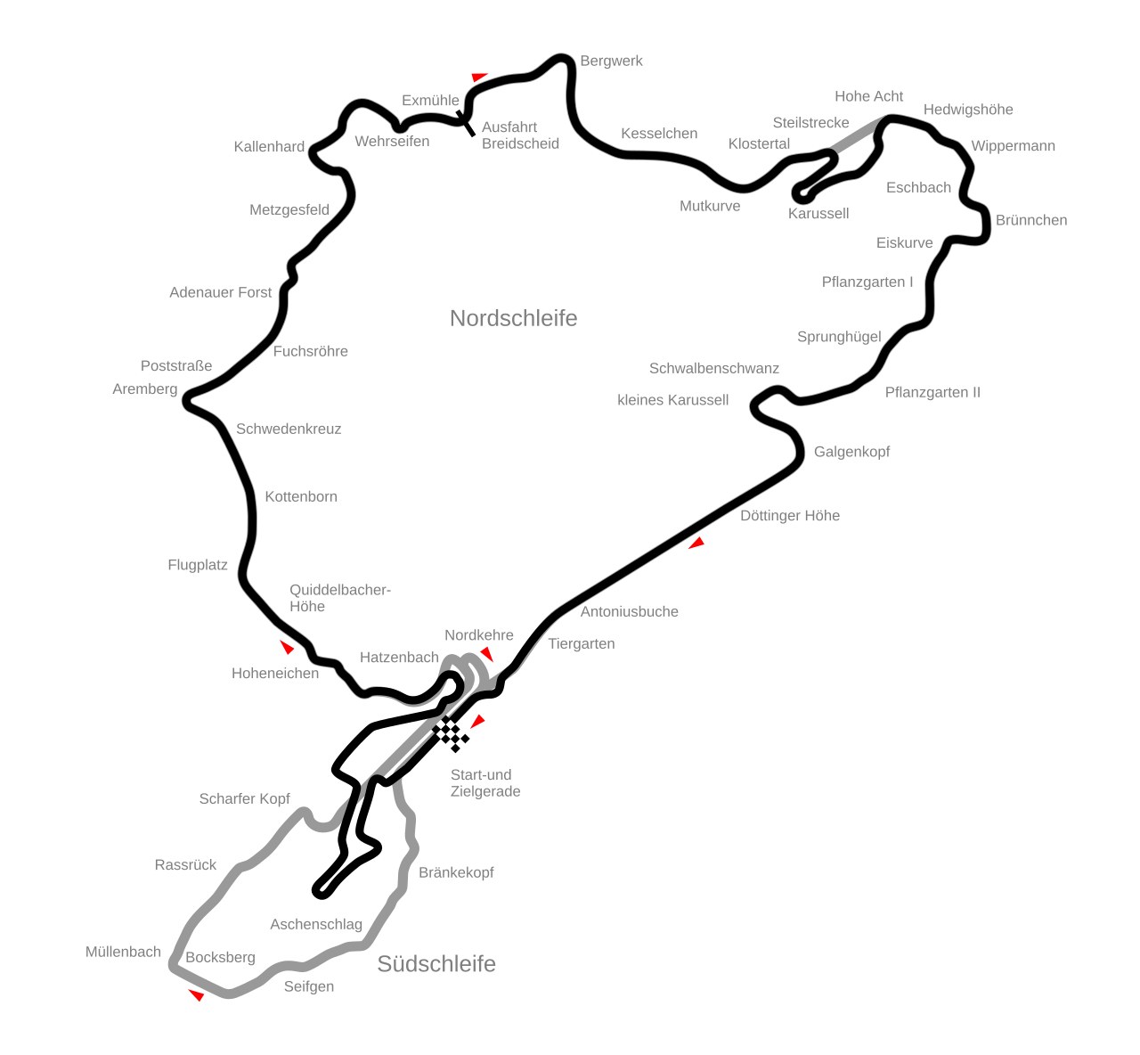 Porównanie układu toru: GP-Strecke 2002 i historyczna Nordschleife/Südschleife z 1927 roku